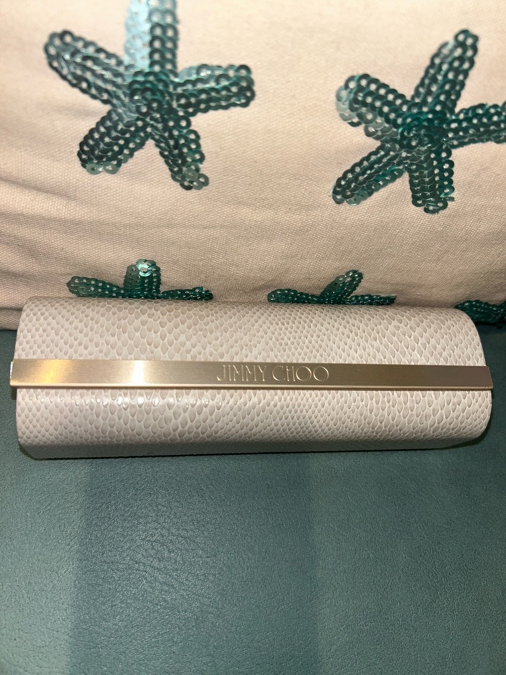 Jimmy Choo Ivory Textured Snakeskin Gold Bar Detail Eyewear Case